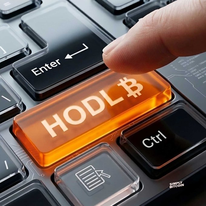 A finger presses a glowing orange keyboard key labeled "HODL" with a Bitcoin symbol, positioned between the Enter and Ctrl keys, alongside a "Simply Bitcoin" watermark. The image visually reinforces the post's message about lowering time preference—a nod to Saifedean's philosophy—by embodying the crypto community's mantra of holding Bitcoin rather than reacting to short-term price movements.