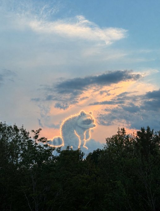 A cloud formation at sunset over a treeline that resembles a dog's face, with the silhouette outlined by golden light.