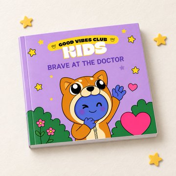 A small purple children's book titled 'GOOD VIBES CLUB KIDS BRAVE AT THE DOCTOR,' featuring a cartoon fox character on the cover.