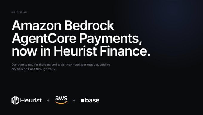 A dark promotional graphic with the heading 'INTEGRATION' and text reading 'Amazon Bedrock AgentCore Payments, now in Heurist Finance,' accompanied by the Heurist, AWS, and Base logos at the bottom.