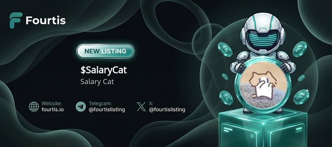 This image announces a new listing for $SalaryCat on Fourtis, featuring a cat logo and contact information including the website fourtis.io and Telegram handle @fourtislisting. The accompanying post details financial information such as price and market cap for SalaryCat.