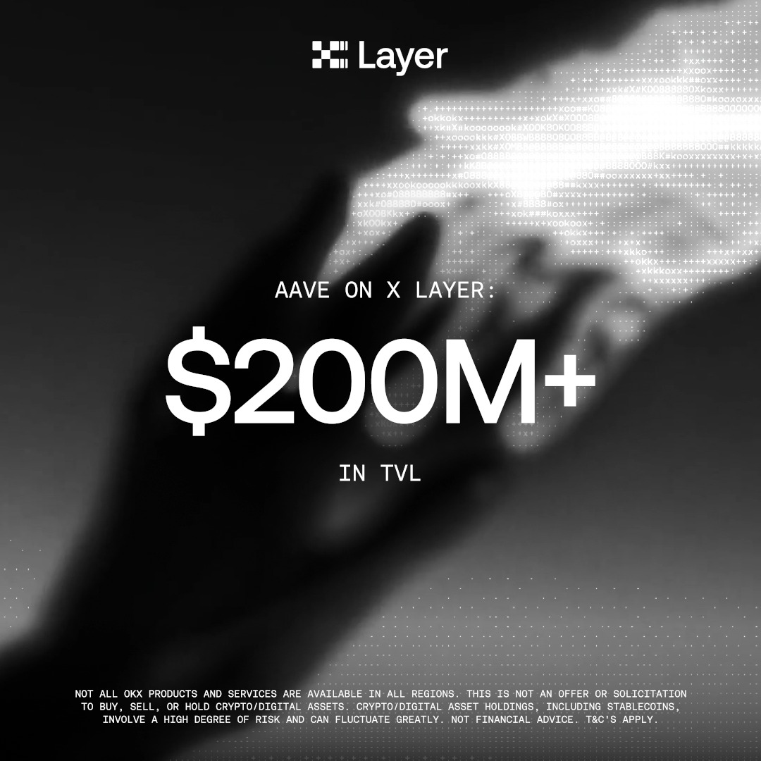 The image is a promotional graphic for X Layer (OKX's L2 blockchain) featuring the X Layer logo and a stylized pixelated hand reaching toward a bright light, with bold text announcing "AAVE ON X LAYER: $200M+ IN TVL." A disclaimer about regional availability and crypto risks appears at the bottom, visually reinforcing the post's milestone about Aave's Total Value Locked surpassing $200 million on the X Layer network.