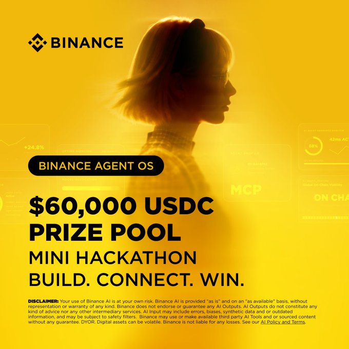 A Binance promotional graphic featuring a silhouetted figure against a yellow background, advertising the "Binance Agent OS Mini Hackathon" with a $60,000 USDC prize pool, split into a $20K Track A for building AI agents and a $40K Track B for MCP trading connections. The Binance logo appears in the top left corner alongside a disclaimer about Binance AI.
