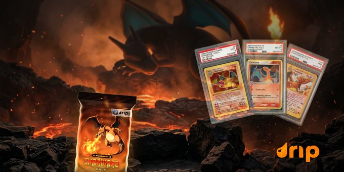 A Charizard-themed Pokémon card pack from Drip Shop Live is displayed against a fiery backdrop featuring the silhouette of Charizard, alongside graded PSA cards including a "Shadow Charizard VMAX," "Charizard," and "Charizard ex," exemplifying the platform's concept of digitally revealing real physical collectible cards.
