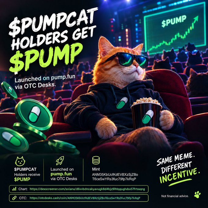 A cat wearing sunglasses sits in a movie theater holding popcorn with a rising "$PUMP" chart on the screen, promoting "$PUMPCAT" launched on pump.fun via OTC Desks (Mint: ANM35KbUcfKdEVBXzSjZBoT6ceSwYRs3fuc79fp7kRqP). The image visually echoes the post's metaphor of meme coin holders as passive "audience members" watching the chart move while hoping someone else values their seat more than they did.