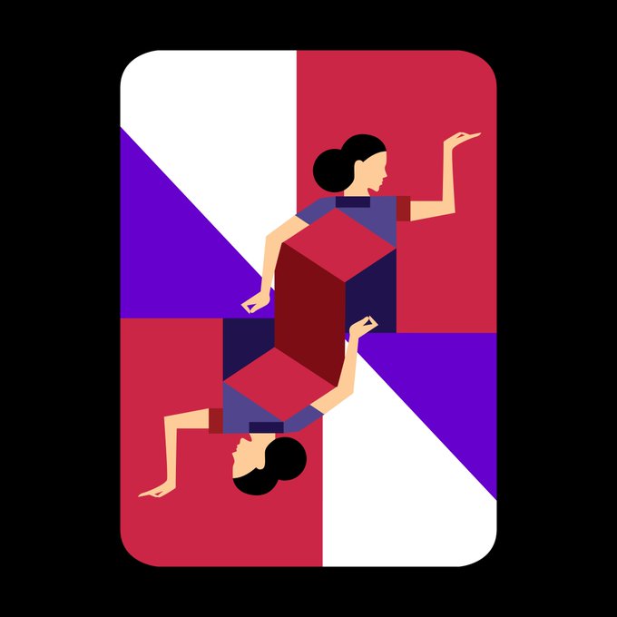 An illustration shows two mirrored figures carrying a red geometric cube against a background divided into purple, magenta, and white sections.