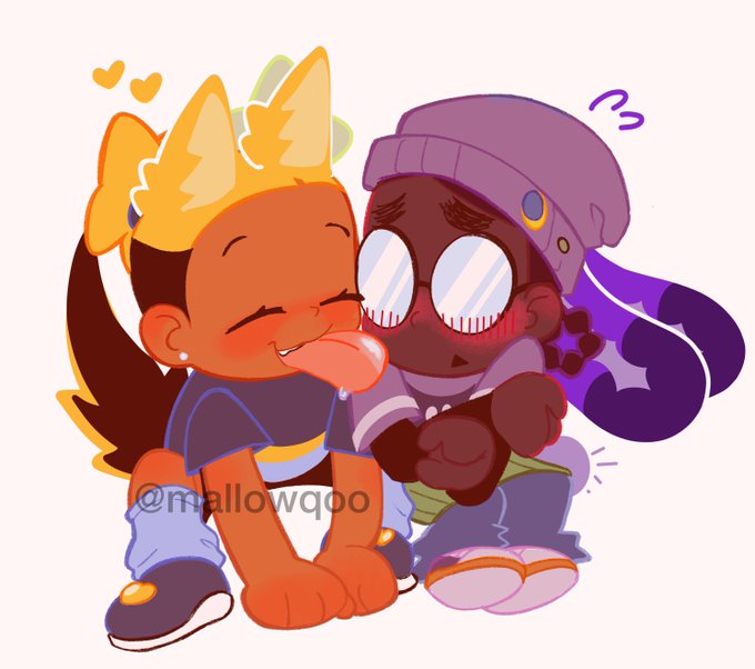A cute chibi-style digital illustration features two characters sharing a sweet moment: an orange-skinned fox-like character with a ponytail and yellow-tipped ears sticks out their tongue playfully while smiling with closed eyes and blushing cheeks, as small yellow hearts float above them, while a darker-skinned character wearing a purple beanie, large round glasses, and a purple hoodie looks flustered with red blushing cheeks and a questioning emoticon "3" near their head. The watermark "@mallowqoo" is visible at the bottom, and the artwork relates to the post's hashtags "#pupbunny" and "#ziraika" (likely the fox character's name), depicting an affectionate interaction between the two figures.
