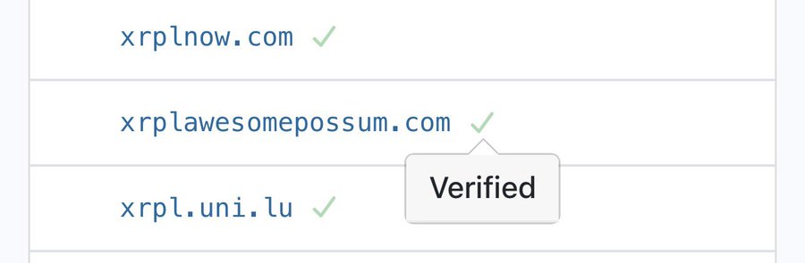 A list of three websites—xrp1now.com, xrplawesomepossum.com, and xrpl.uni.lu—is shown with green checkmarks and a tooltip reading 'Verified'.