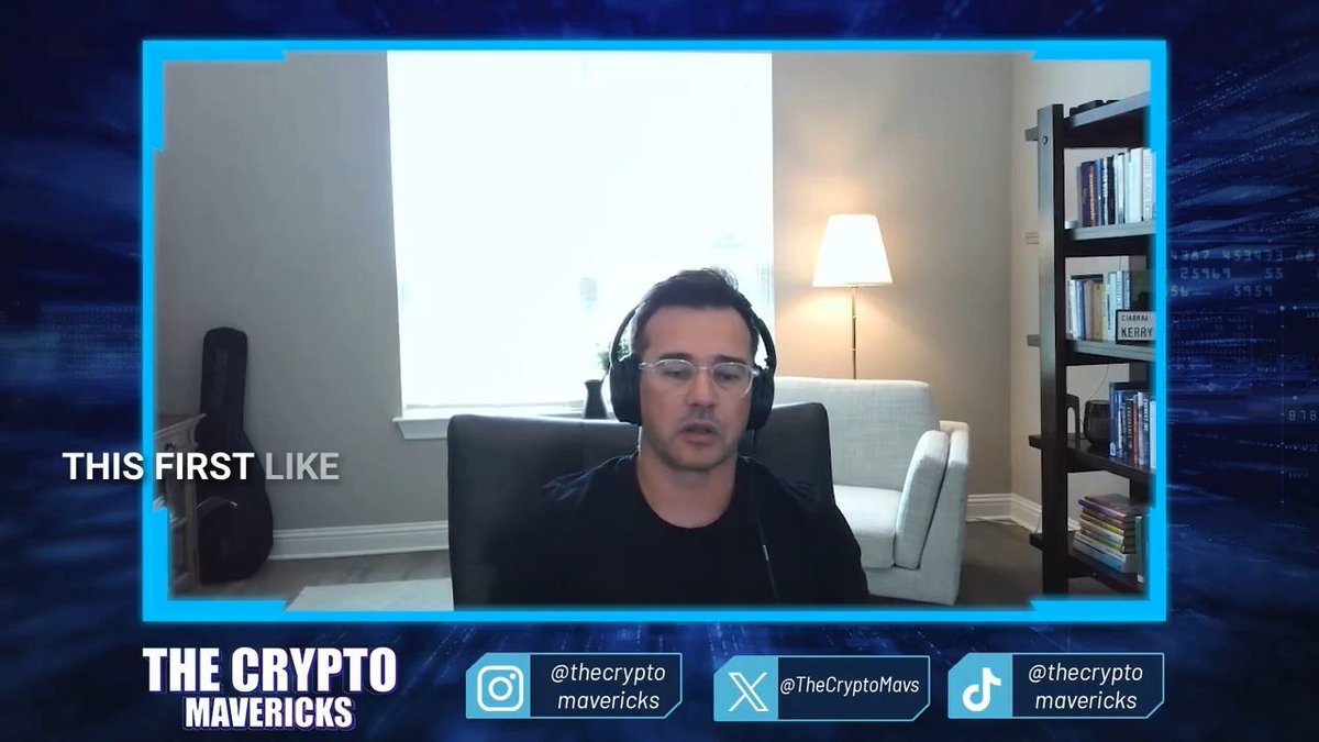 A podcast host with headphones speaks in a video titled "THIS FIRST LIKE" for The Crypto Mavericks, with social handles @thecryptomavericks displayed at the bottom.