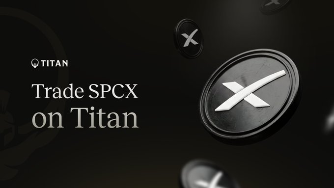 The image features a black background with the text "Trade SPCE X" written above it. The words "Titan" appear in the center of the image, and "Trade SPCE X on Titan" is positioned below that. A small white "X" can be seen directly beneath the words "on Titan". This suggests that the image is promoting the trading of a cryptocurrency named "SPCX" on a platform called Titan. The text also mentions the availability of 10,000 USDC as rewards for those who trade SPCX in this marketplace.