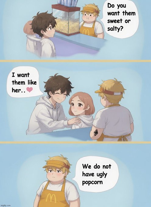 The image is a three-panel comic where a popcorn vendor asks "Do you want them sweet or salty?" and a customer requesting "sweet or salty like her" while pointing to an attractive girl, prompting the annoyed vendor to declare "We do not have ugly popcorn." It humorously parallels crypto bros referring to attractive female crypto influencers while dismissing unattractive ones, using the "ugly popcorn" punchline to mock their superficial standards.