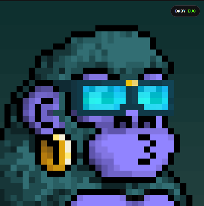 A pixel art image of a hooded gorilla character wearing cyan goggles and a gold chain, with "BABY EVO" labeled in the top right corner. The artwork represents the user's new "Baby Evo" CyberKongz NFT, marking their entry into the community they admire despite missing earlier opportunities.