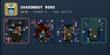 A pixel art character profile labeled "SHADOWBOY #505" with the role "MINER 8" and 350 SHIFTS completed.