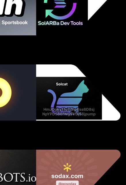 A collage of crypto and DeFi logos including SolARBa Dev Tools, Solcat, sodax.com, and BOTS.io against a dark background.