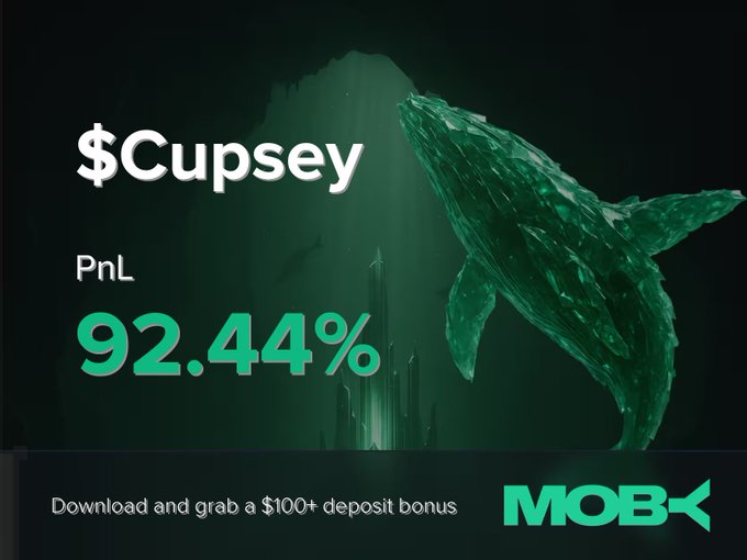 A promotional graphic from Moby announces a win alert for trader $Cupsey, highlighting an impressive +92.44% PnL in bold green text alongside a striking emerald whale illustration and an underwater cityscape, with a $100+ deposit bonus offer at the bottom.