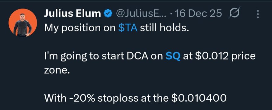 The image features a screenshot of a social media post from a Twitter user named Julianus Elum. The post consists of a message about entering a price zone for certain cryptocurrencies such as Bitcoin, as well as an announcement related to stock trading on Dec 25, 2015 and the expected reward in the future.