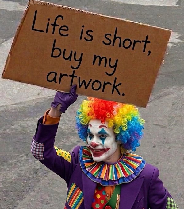 A clown in full costume holding a cardboard sign that reads 'Life is short, buy my artwork.'