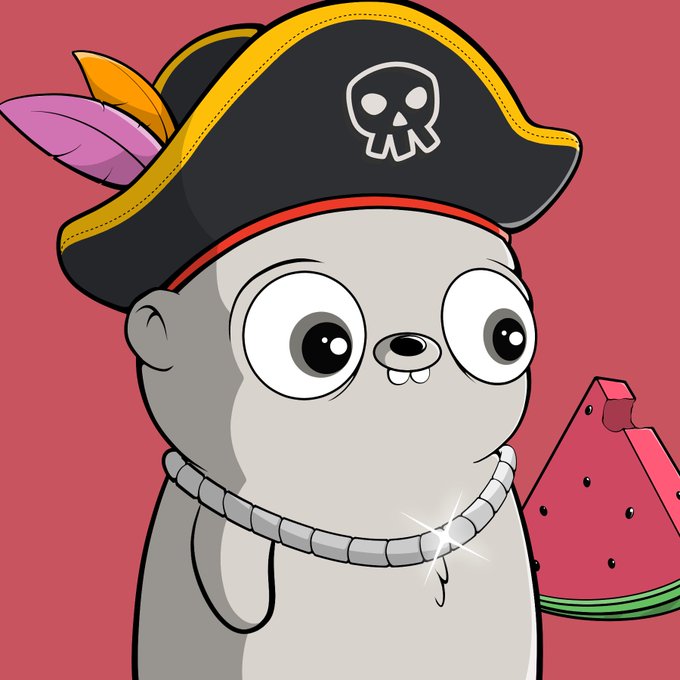 A cartoon character resembling a seal or sea creature wearing a pirate hat with a skull and crossbones, a chain necklace, and holding a slice of watermelon.
