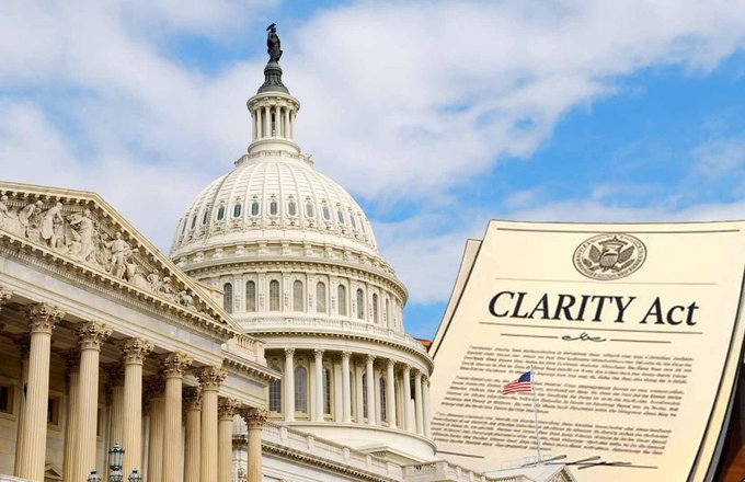 This image depicts the US Capitol building with a document titled "CLARITY Act" overlaid, representing potential legislative developments impacting $XRP. The act is presented as a "game-changer" related to the cryptocurrency.