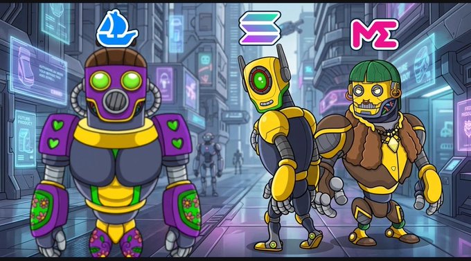 Colorful digital illustration of three stylized robots with green and purple accents standing in a futuristic neon-lit cyberpunk city street, with a pink 'MT' logo in the top right corner.