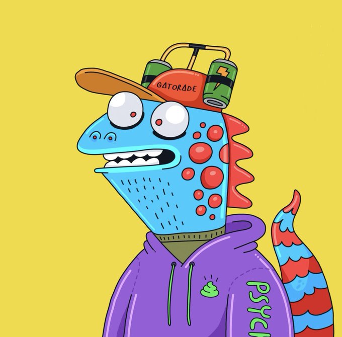 A cartoon-style illustration of a blue reptilian creature with red spots wearing a purple 'PSYCHO' hoodie, a Gatorade-branded cap, and dual green fuel cans on its head.
