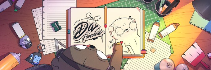 Stylized cartoon artwork showing an artist's desk with a sketchbook featuring 'Da Fameless' logo and character doodles, alongside various stationery items and small figurines.