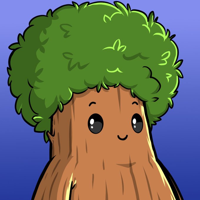 A cartoon illustration of a smiling tree character with a brown trunk and fluffy green leaves on top, set against a blue gradient background.