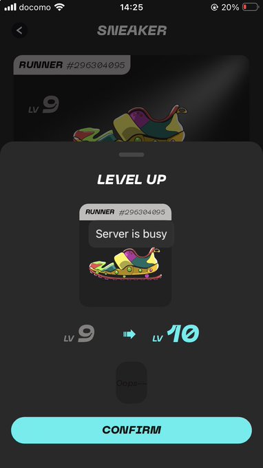 A mobile app screenshot showing a sneaker NFT level-up screen for 'RUNNER #296304095' progressing from LV 9 to LV 10, displaying a 'Server is busy' error message with a cyan CONFIRM button at the bottom.