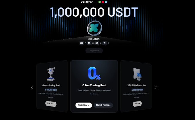 A MEXC cryptocurrency exchange promotional page advertising '1,000,000 USDT' in event prizes, featuring contests like 'xStocks Trading Rush,' '0 Fee Trading Fest,' and a '20% APR xStocks Earn' campaign with a registration countdown timer.