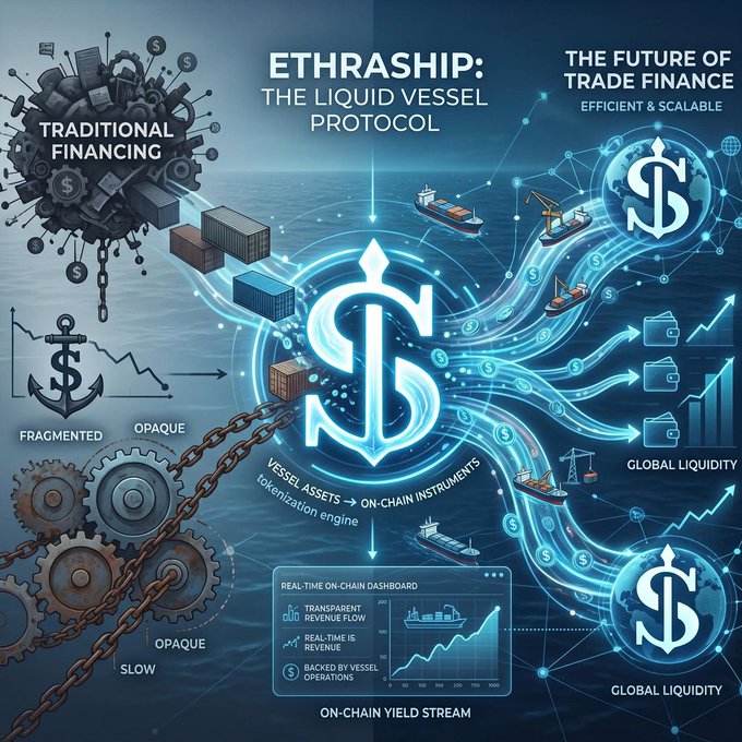 A promotional infographic titled "ETHRASHIP: THE LIQUID VESSEL PROTOCOL" and "THE FUTURE OF TRADE FINANCE" contrasts "Traditional Financing" (fragmented, opaque, slow) with a digital, vessel-backed tokenization engine showing real-time dashboards and global liquidity flows.