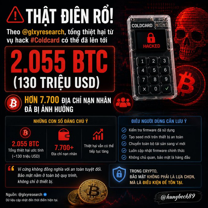 A Vietnamese-language warning infographic titled 'THẬT ĐIÊN RỒ!' reporting a #Coldcard hack with losses of 2.055 BTC (~$130M USD) affecting over 7,700 addresses, sourced from @glxyresearch.