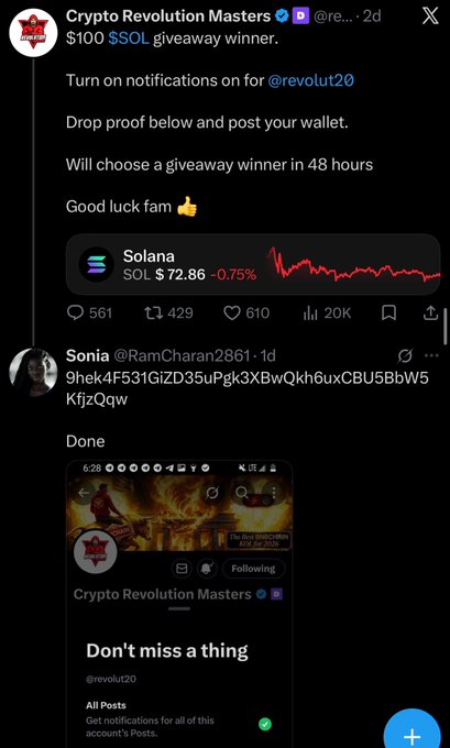 The image shows a Twitter giveaway announcement from Crypto Revolution Masters (@revolut20) offering a $100 $SOL prize, with the winning reply from Sonia (@RamCharan2861) displaying her Solana wallet address "9hek4F531GiZD35uPgk3XBwQkh6uxCBU5BbW5KfjzQqw" along with proof of following the account. This aligns with the post congratulating @RamCharan2861 on winning the $100 giveaway, which was actually $SOL rather than USDT.