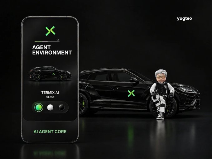 A promotional graphic features a smartphone displaying the 'AGENT ENVIRONMENT' interface for 'TERMIX AI' priced at $1,000 with 'AI AGENT CORE' branding, alongside a stylized figure leaning against a black car with a green 'X' logo, watermarked 'yugteo'.