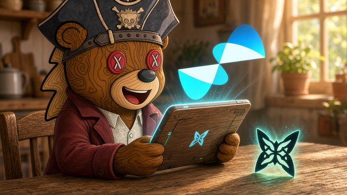 An illustrated bear wearing a pirate hat decorated with skulls and X-marked button eyes sits at a table in a rustic kitchen, holding a glowing tablet with butterfly icons floating from it.