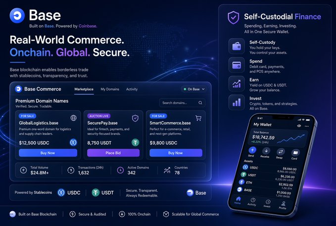 The image displays a promotional graphic for Base blockchain's "Real-World Commerce" platform, featuring a Base Commerce marketplace interface with premium domain listings including GlobalLogistics.base ($12,500), PaymentPay.base ($8,750), and SmartCommerce.base ($3,800) for sale in USDC, alongside stats showing $24.8M+ total volume and 342 active domains, plus a mobile wallet view showing a balance of $18,742.59 across assets like USDC, USDT, ETH, and BASE.

This visual aligns with the post by showcasing Base's expansion into everyday commerce via Atom.com, where users can transact in USDC or USDT stablecoins directly onchain with no amount limits.