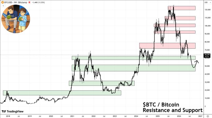 The image shows a graph depicting Bitcoin's price movement over time, with a blue line indicating its rising trend while red lines represent its falling values. The post suggests that Bitcoin is currently experiencing resistance, meaning that prices are not dropping as rapidly as they were before, and it might be difficult to sell at the current prices. The text in the image also mentions that Bitcoin has support for $30k in terms of fiat currency, which could indicate that people would still buy Bitcoin if its price reaches this level or lower.