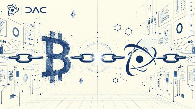 A digital graphic featuring a Bitcoin logo on the left and another crypto logo on the right, connected by a chain, with 'DAC' text and an atom symbol in the top left corner.