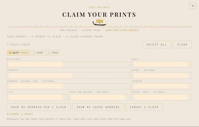 A web form titled 'CLAIM YOUR PRINTS' from 'THE PRINTS' shows fields for recipient information and a selection of print numbers like 2677, 3290, and 7910.
