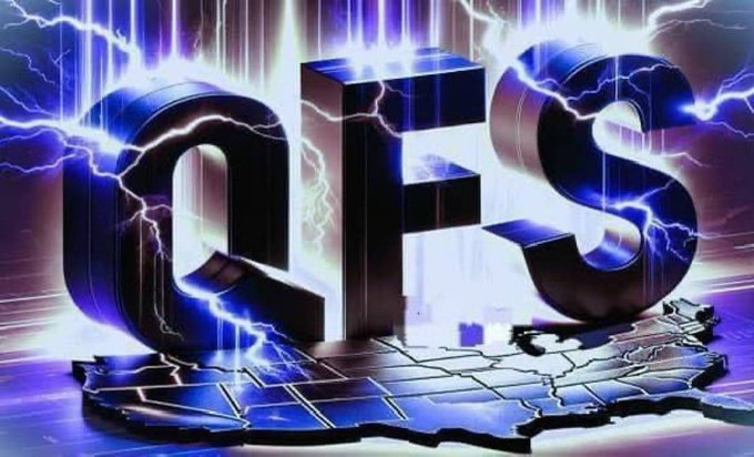 Stylized graphic image featuring the letters 'QFS' in 3D metallic text with dramatic blue lightning effects in the background.