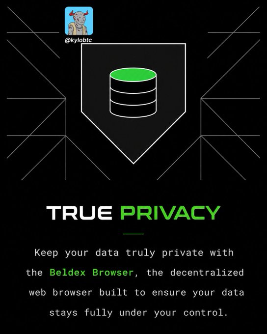 An advertisement for the Beldex Browser, featuring a green database icon within a white shield outline and the tagline 'TRUE PRIVACY' in white and green text.