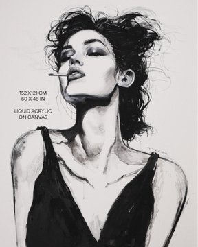A black and white artistic sketch of a woman with her eyes closed, smoking a cigarette, wearing a black top, with text indicating '152 X121 CM 60 X 48 IN LIQUID ACRYLIC ON CANVAS'.