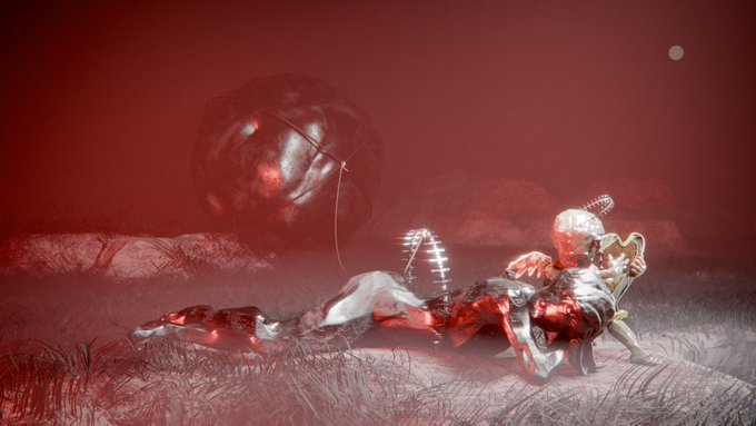A surreal 3D rendering bathed in red tones, depicting a grotesque figure with a skull-like head in a desolate landscape with a large organic mass and a spiral structure in the background.