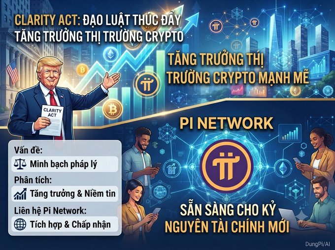 A Vietnamese-language promotional graphic about the CLARITY ACT, featuring Donald Trump holding the bill, discussing Pi Network's role in crypto market growth, with 'DungPi/AI' watermark.