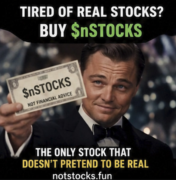 A meme featuring Leonardo DiCaprio holding a $5 bill, advertising 'nSTOCKS' with the tagline 'TIRED OF REAL STOCKS? BUY $nSTOCKS' and the website 'notstocks.fun'.