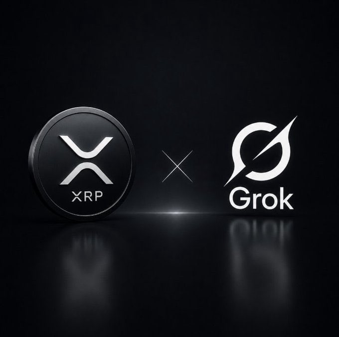 A promotional graphic shows an XRP coin next to the Grok logo separated by an 'X,' indicating a partnership or collaboration between the XRP cryptocurrency and xAI's Grok.