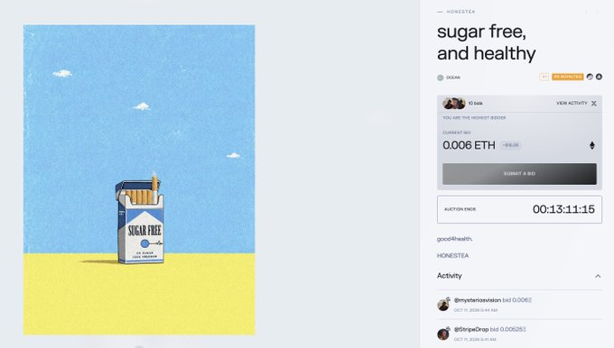An NFT auction page for 'HONESTEA - sugar free, and healthy' displaying a stylized illustration of a sugar-free tea carton against a blue sky background, with a current bid of 0.006 ETH and an auction ending timer at 00:13:11:15.