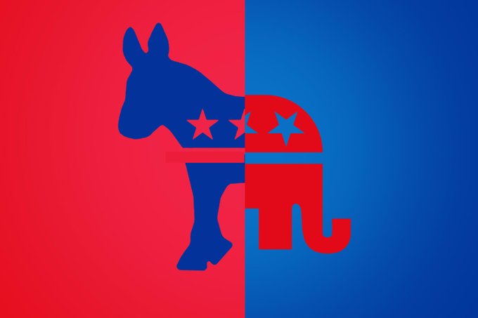 A graphic features the traditional symbols of the Democratic (blue donkey) and Republican (red elephant) parties split down the middle of the image, symbolizing the partisan divide in the U.S. Senate as highlighted by the post about the failed CLARITY Act vote.