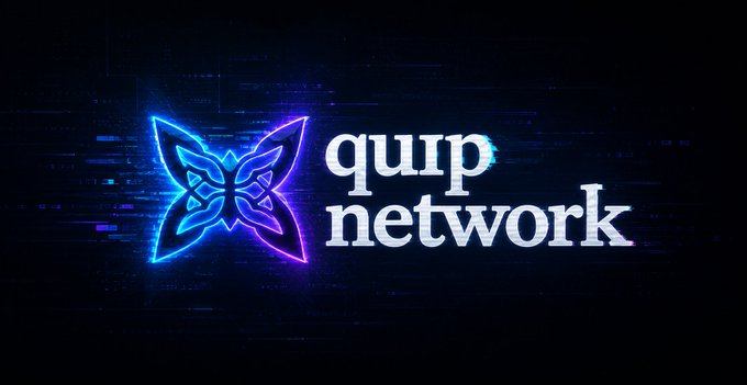 Neon logo for 'quip network' featuring a butterfly design in blue and purple glowing colors on a dark background.