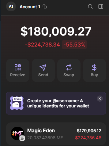 A cryptocurrency wallet interface showing Account 1 with a balance of $180,009.27, displaying a loss of -$224,738.34 (-55.53%), with action buttons for Receive, Send, Swap, and Buy, and a Magic Eden balance of $179,905.12.