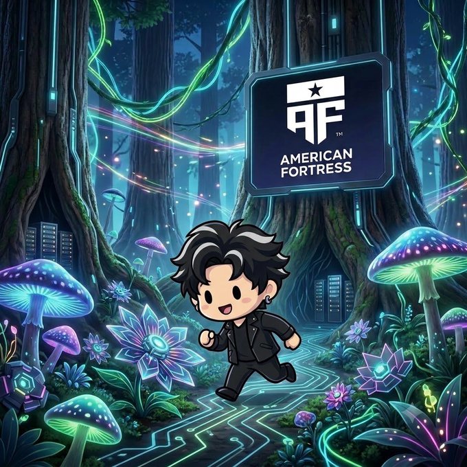 A chibi-style cartoon character with dark hair runs through a bioluminescent, enchanted forest with glowing mushrooms and vines, alongside an 'American Fortress' logo featuring 'AF' with a star.